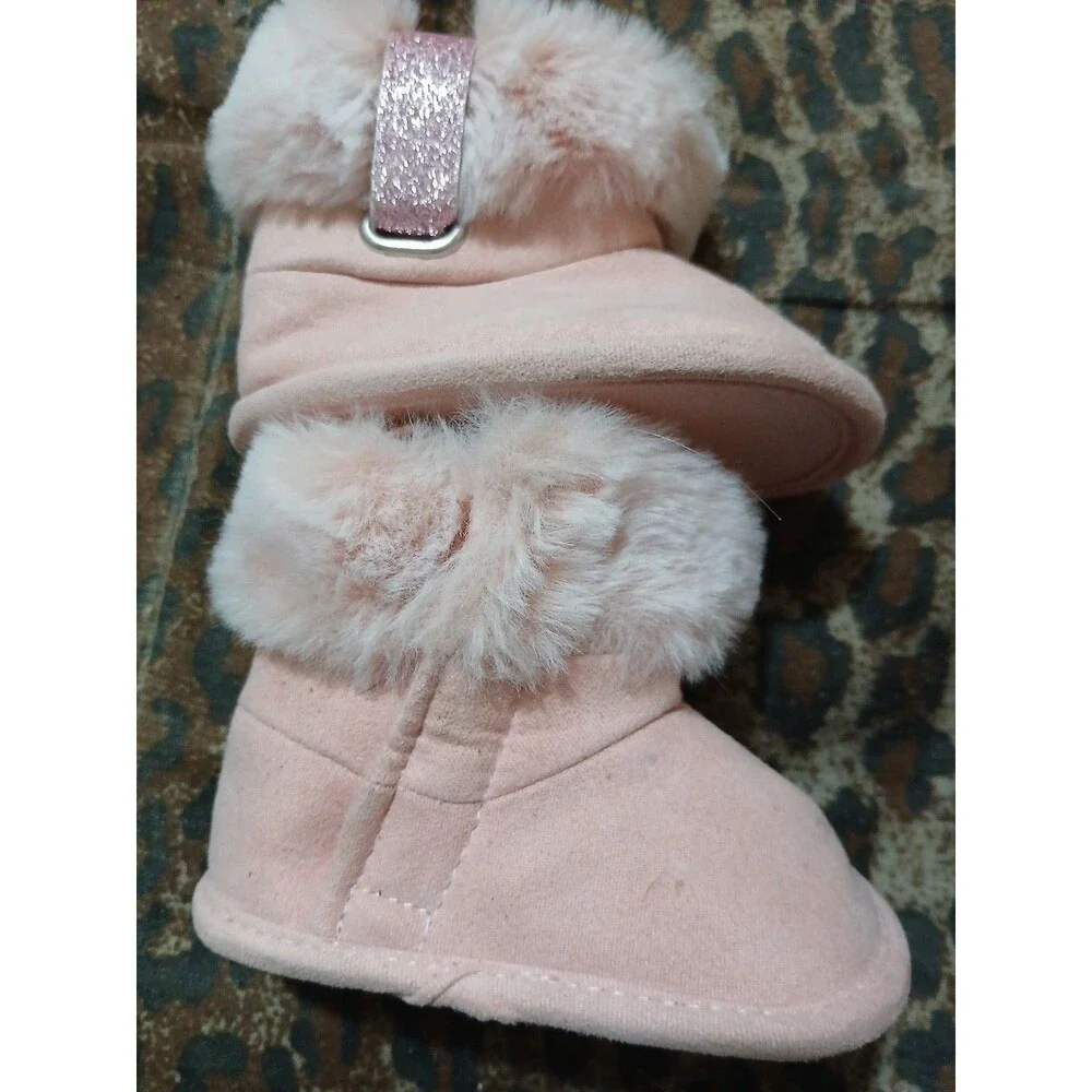 First Steps New Born O-3 M Pink Baby Booties Faux Fur easy closure sparkle